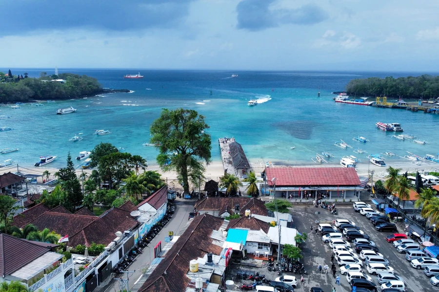 Aerial view of Padang Bai around the dive centre