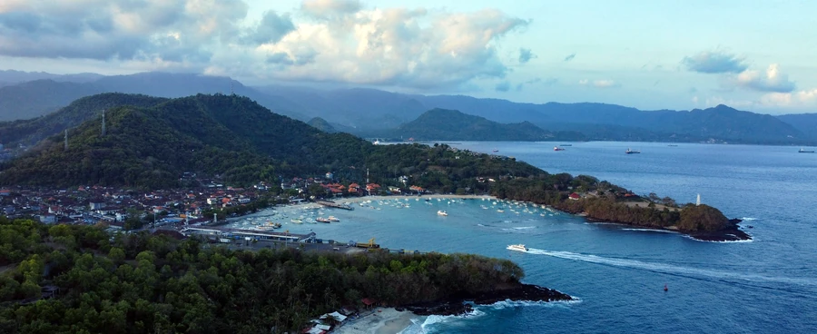 Aerial view of Padang Bai on Bali’s east coast, base for daily dive trips