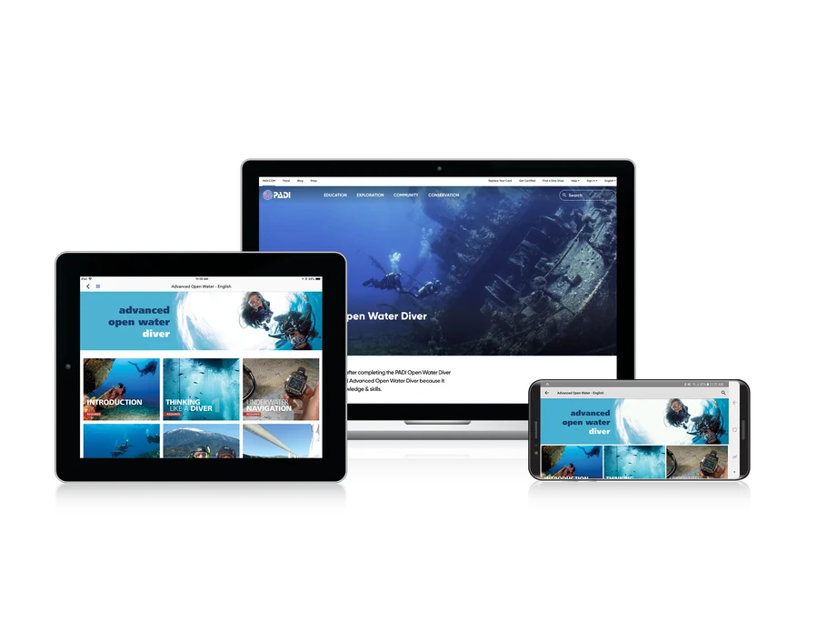 Digital PADI Advanced Open Water Diver learning materials on computer, tablet and smartphone