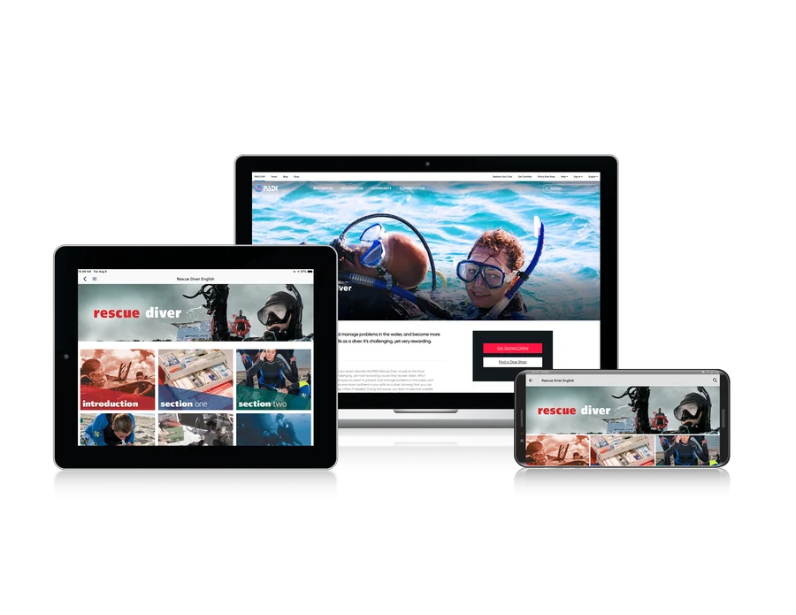 Digital PADI Rescue Diver learning materials on computer, tablet and smartphone