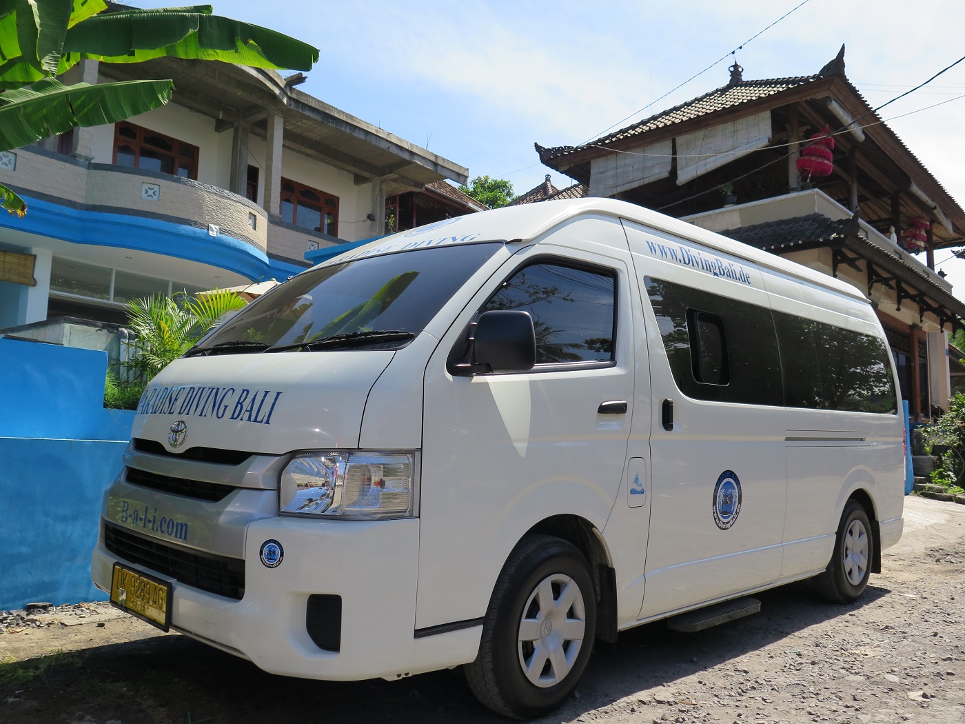 White Paradise Diving Bali minibus outside the dive center